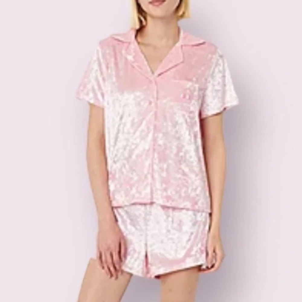Juicy Couture Pink Crushed Velvet Pajama Set Logo Shorts Large y2k Sleepwear